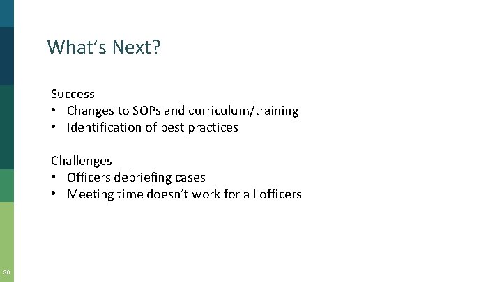 What’s Next? Success • Changes to SOPs and curriculum/training • Identification of best practices