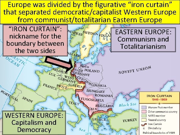 Europe was divided by the figurative “iron curtain” that separated democratic/capitalist Western Europe from