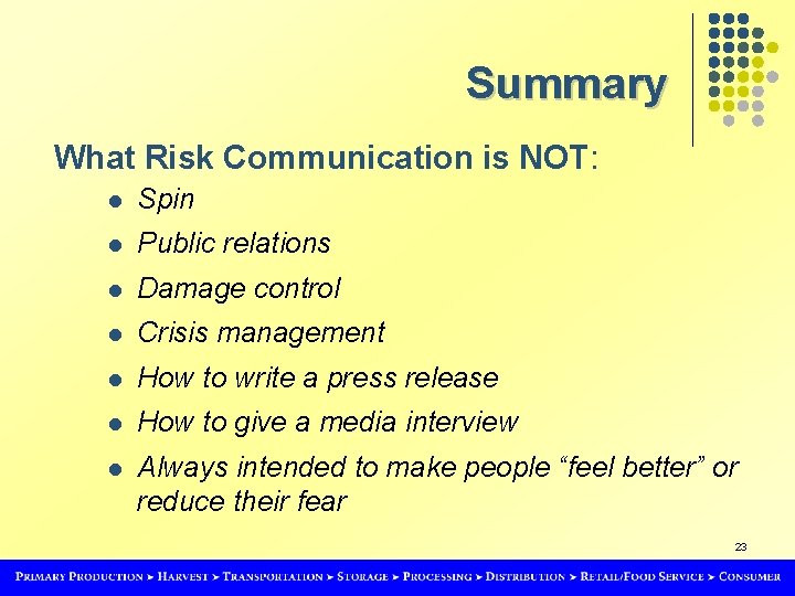 Summary What Risk Communication is NOT: l Spin l Public relations l Damage control