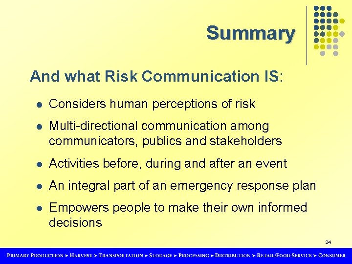 Summary And what Risk Communication IS: l Considers human perceptions of risk l Multi-directional