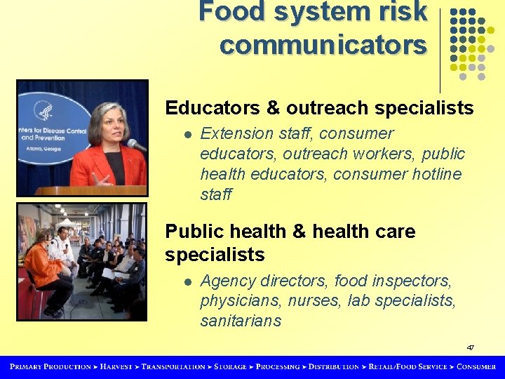 Food system risk communicators Educators & outreach specialists l Extension staff, consumer educators, outreach