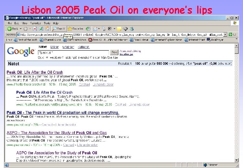 Lisbon 2005 Peak Oil on everyone’s lips www. peakoil. net 