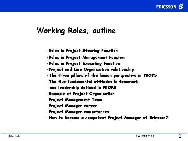 Working Roles, outline -Roles in Project Steering Function -Roles in Project Management Function -Roles