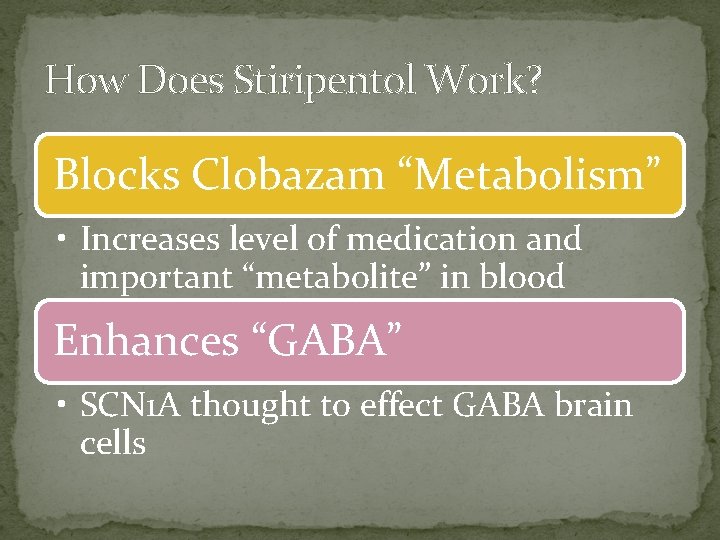 How Does Stiripentol Work? Blocks Clobazam “Metabolism” • Increases level of medication and important How Does Stiripentol Work? Blocks Clobazam “Metabolism” • Increases level of medication and important