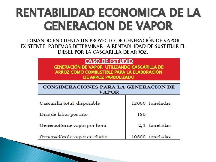 RENTABILIDAD ECONOMICA DE LA GENERACION DE VAPOR TOMANDO EN CUENTA UN PROYECTO DE GENERACIÓN RENTABILIDAD ECONOMICA DE LA GENERACION DE VAPOR TOMANDO EN CUENTA UN PROYECTO DE GENERACIÓN