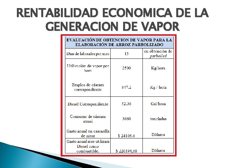 RENTABILIDAD ECONOMICA DE LA GENERACION DE VAPOR RENTABILIDAD ECONOMICA DE LA GENERACION DE VAPOR