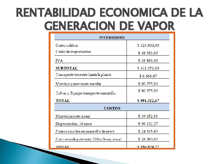 RENTABILIDAD ECONOMICA DE LA GENERACION DE VAPOR RENTABILIDAD ECONOMICA DE LA GENERACION DE VAPOR