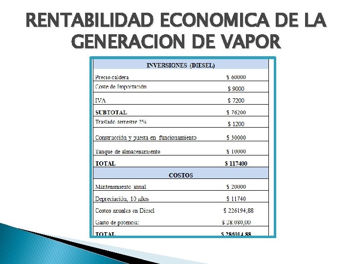 RENTABILIDAD ECONOMICA DE LA GENERACION DE VAPOR RENTABILIDAD ECONOMICA DE LA GENERACION DE VAPOR
