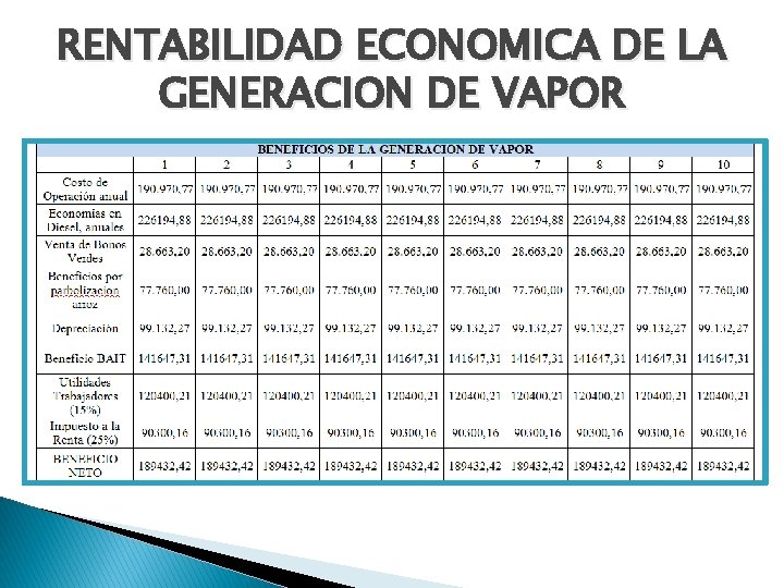 RENTABILIDAD ECONOMICA DE LA GENERACION DE VAPOR RENTABILIDAD ECONOMICA DE LA GENERACION DE VAPOR