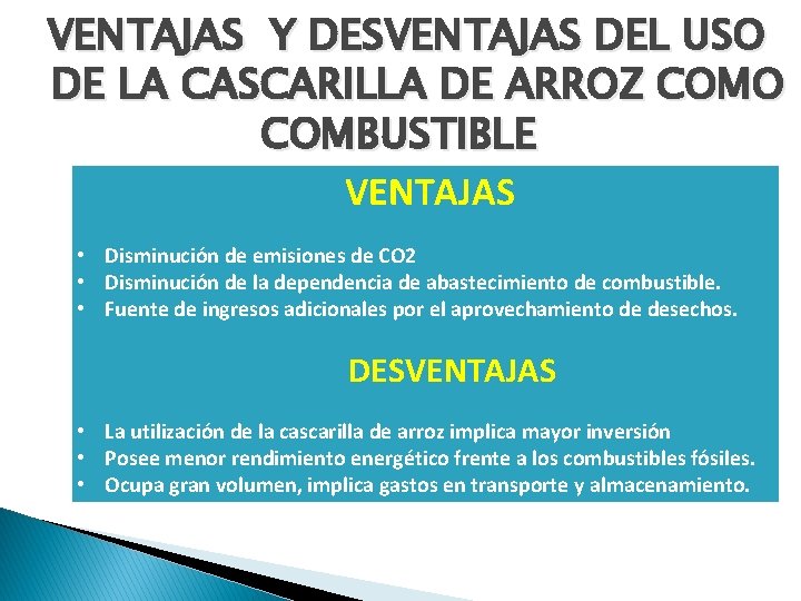 VENTAJAS Y DESVENTAJAS DEL USO DE LA CASCARILLA DE ARROZ COMO COMBUSTIBLE VENTAJAS • VENTAJAS Y DESVENTAJAS DEL USO DE LA CASCARILLA DE ARROZ COMO COMBUSTIBLE VENTAJAS •