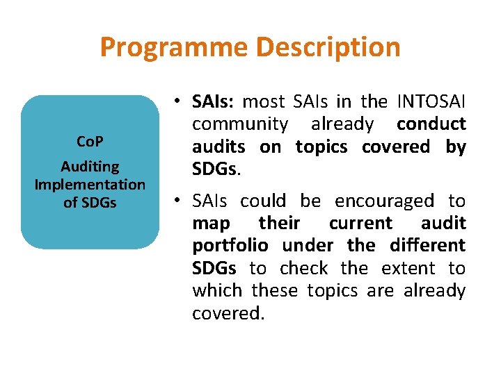 Programme Description Co. P Auditing Implementation of SDGs • SAIs: most SAIs in the