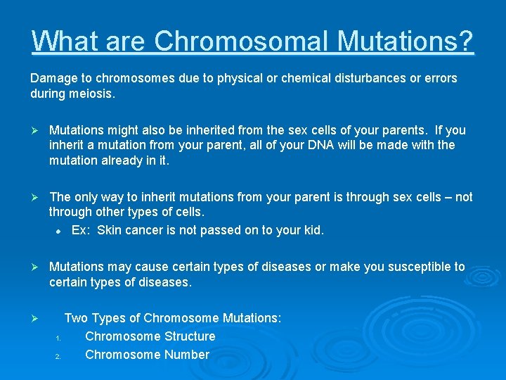 What are Chromosomal Mutations? Damage to chromosomes due to physical or chemical disturbances or
