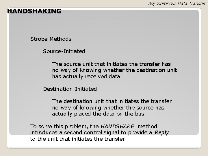 Asynchronous Data Transfer HANDSHAKING Strobe Methods Source-Initiated The source unit that initiates the transfer
