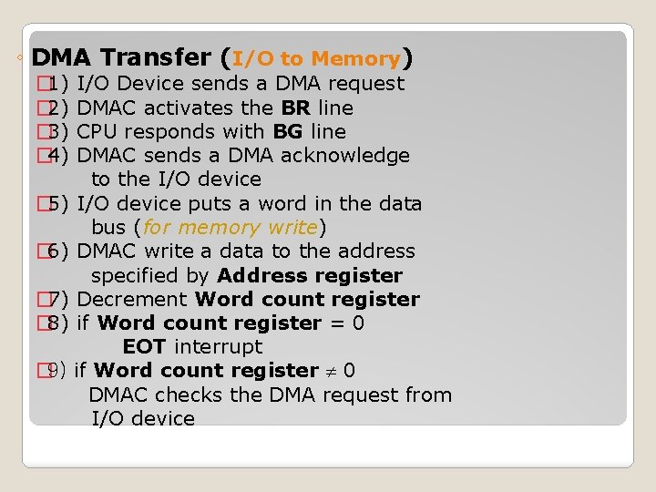 ◦ DMA Transfer (I/O to Memory) � 1) I/O Device sends a DMA request