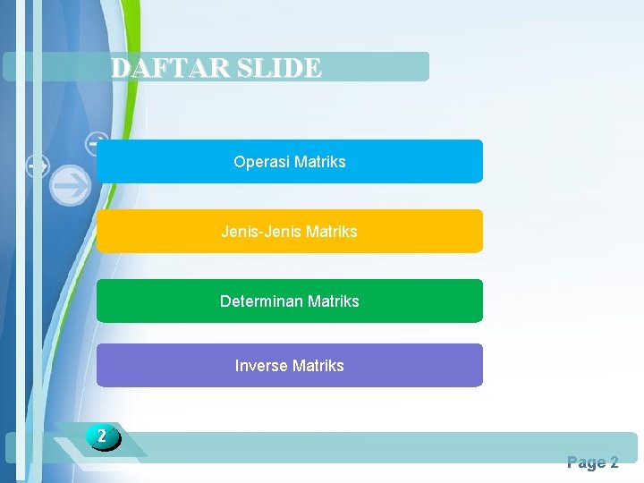 DAFTAR SLIDE Operasi Matriks Jenis-Jenis Matriks Determinan Matriks Inverse Matriks 2 Powerpoint Templates Page