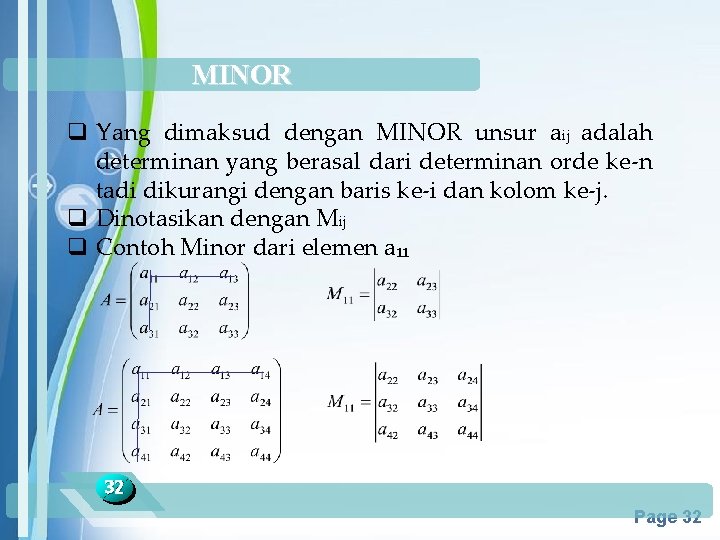 MINOR q Yang dimaksud dengan MINOR unsur aij adalah determinan yang berasal dari determinan