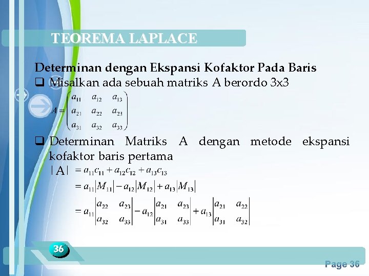 TEOREMA LAPLACE Determinan dengan Ekspansi Kofaktor Pada Baris q Misalkan ada sebuah matriks A