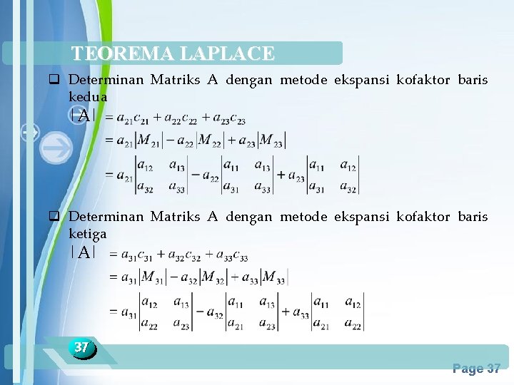 TEOREMA LAPLACE q Determinan Matriks A dengan metode ekspansi kofaktor baris kedua |A| q