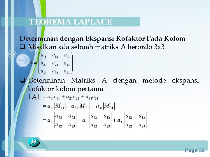 TEOREMA LAPLACE Determinan dengan Ekspansi Kofaktor Pada Kolom q Misalkan ada sebuah matriks A