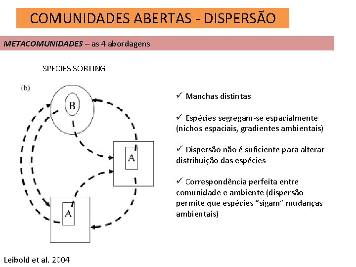 COMUNIDADES ABERTAS - DISPERSÃO METACOMUNIDADES – as 4 abordagens SPECIES SORTING ü Manchas distintas