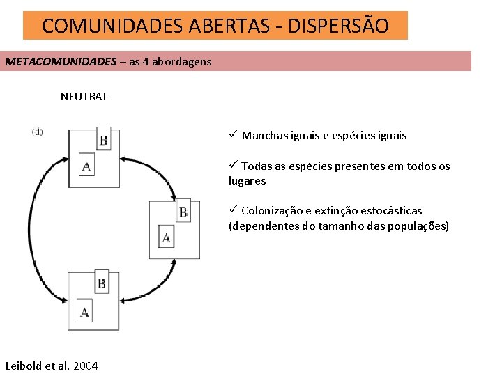 COMUNIDADES ABERTAS - DISPERSÃO METACOMUNIDADES – as 4 abordagens NEUTRAL ü Manchas iguais e