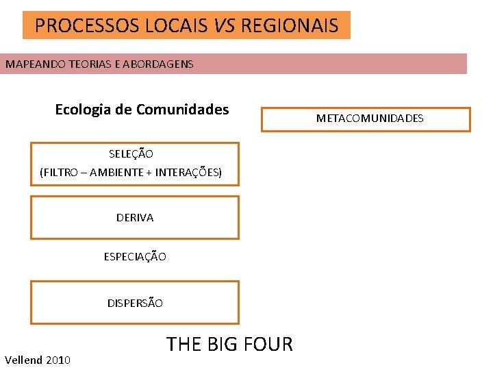 PROCESSOS LOCAIS VS REGIONAIS MAPEANDO TEORIAS E ABORDAGENS Ecologia de Comunidades SELEÇÃO (FILTRO –