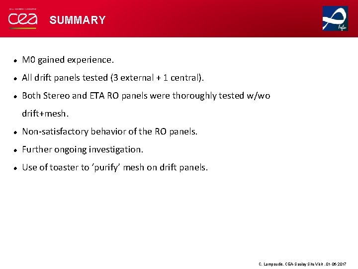 SUMMARY M 0 gained experience. All drift panels tested (3 external + 1 central).