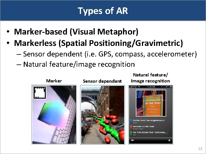 Types of AR • Marker-based (Visual Metaphor) • Markerless (Spatial Positioning/Gravimetric) – Sensor dependent