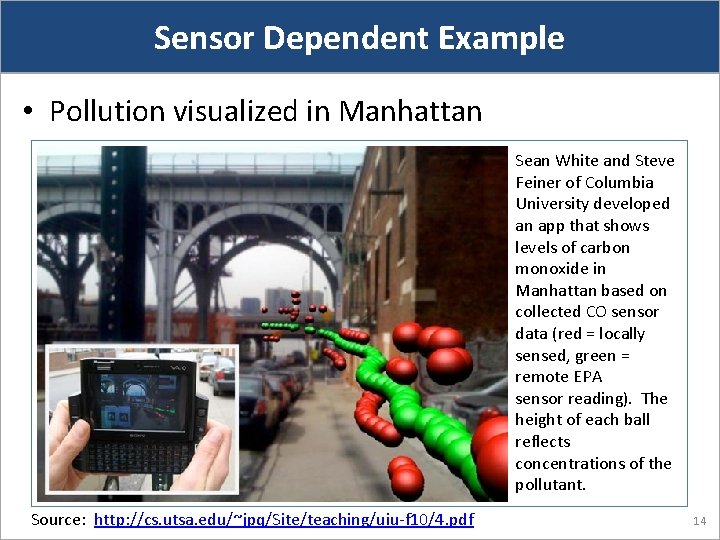 Sensor Dependent Example • Pollution visualized in Manhattan Sean White and Steve Feiner of