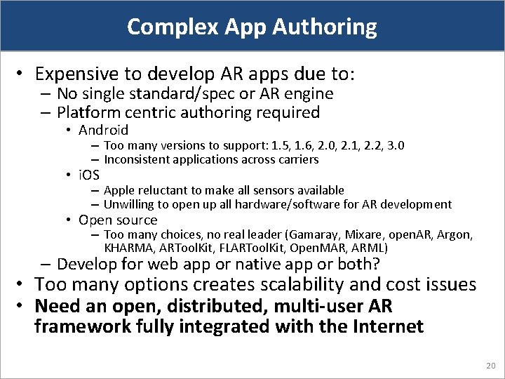 Complex App Authoring • Expensive to develop AR apps due to: – No single