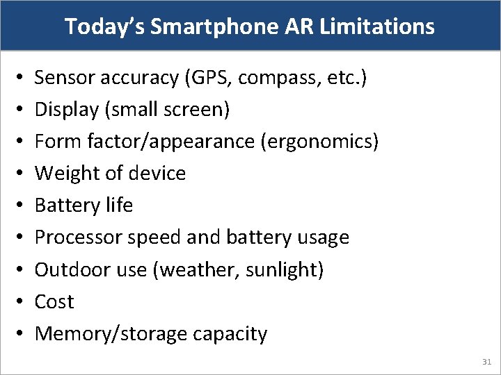 Today’s Smartphone AR Limitations • • • Sensor accuracy (GPS, compass, etc. ) Display