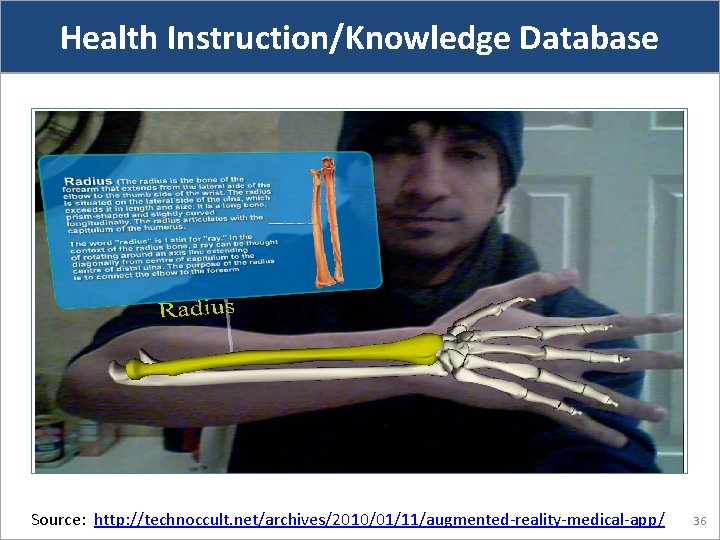 Health Instruction/Knowledge Database Example Screenshot Source: http: //technoccult. net/archives/2010/01/11/augmented-reality-medical-app/ 36 