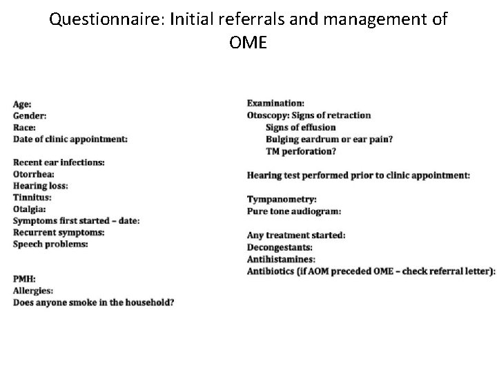 Questionnaire: Initial referrals and management of OME 