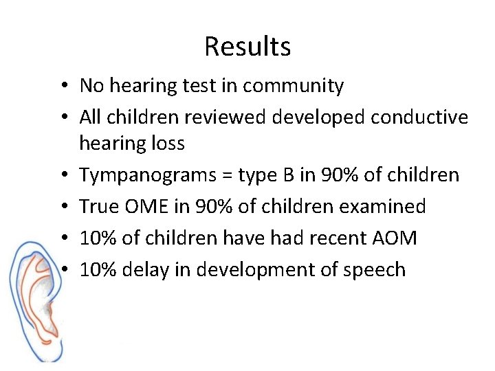 Results • No hearing test in community • All children reviewed developed conductive hearing