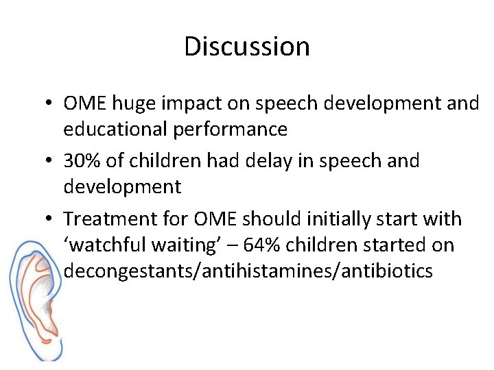 Discussion • OME huge impact on speech development and educational performance • 30% of
