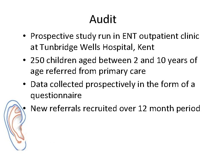 Audit • Prospective study run in ENT outpatient clinic at Tunbridge Wells Hospital, Kent