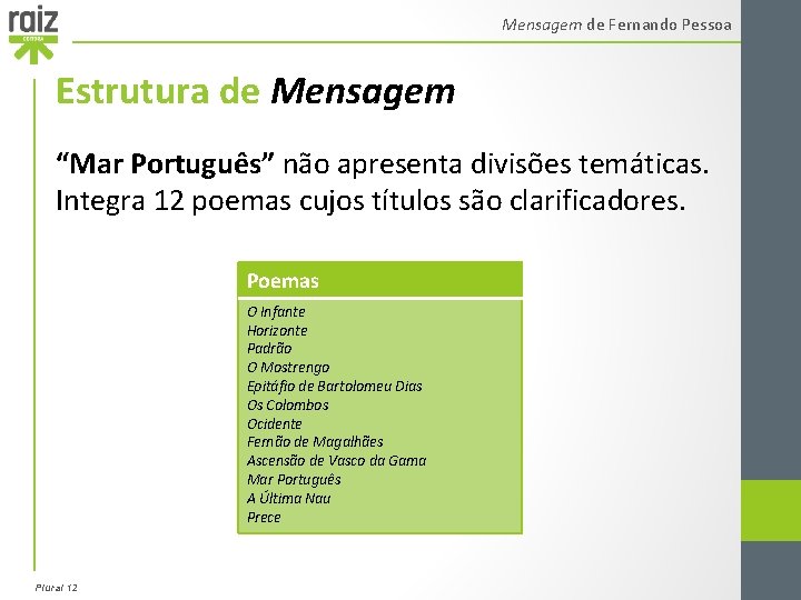 Mensagem de Fernando Pessoa Estrutura de Mensagem “Mar Português” não apresenta divisões temáticas. Integra