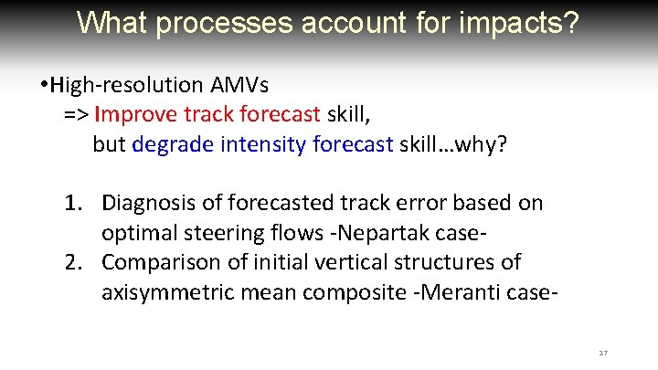 What processes account for impacts? • High-resolution AMVs => Improve track forecast skill, but