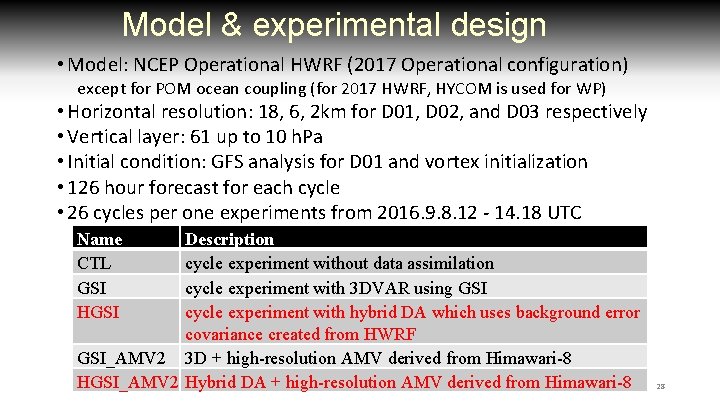 Model & experimental design • Model: NCEP Operational HWRF (2017 Operational configuration) except for