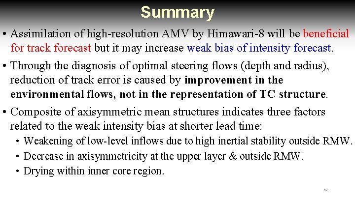 Summary • Assimilation of high-resolution AMV by Himawari-8 will be beneficial for track forecast