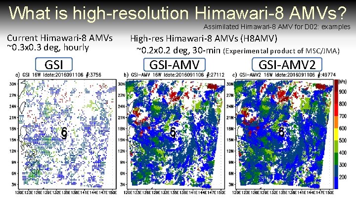 What is high-resolution Himawari-8 AMVs? Assimilated Himawari-8 AMV for D 02: examples Current Himawari-8