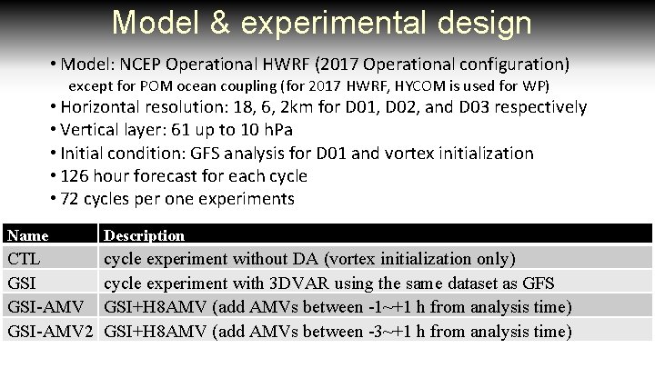 Model & experimental design • Model: NCEP Operational HWRF (2017 Operational configuration) except for