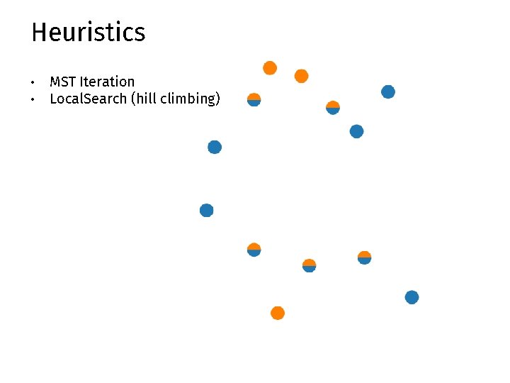 Heuristics • • MST Iteration Local. Search (hill climbing) 