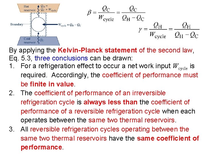 By applying the Kelvin-Planck statement of the second law, Eq. 5. 3, three conclusions