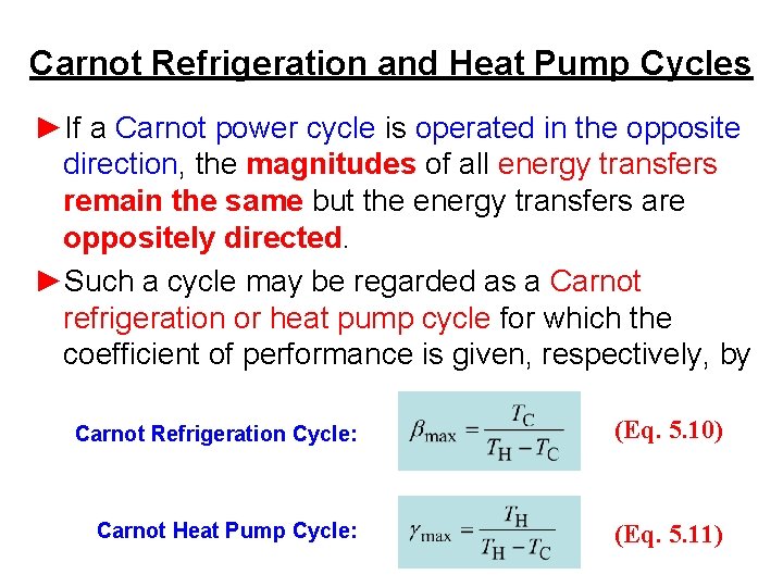 Carnot Refrigeration and Heat Pump Cycles ►If a Carnot power cycle is operated in