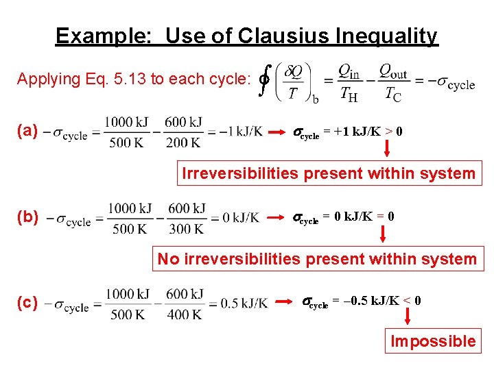 Example: Use of Clausius Inequality Applying Eq. 5. 13 to each cycle: (a) ∫