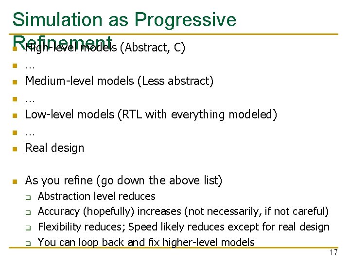 Simulation as Progressive Refinement n High-level models (Abstract, C) n … Medium-level models (Less