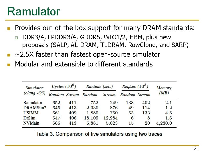 Ramulator n Provides out-of-the box support for many DRAM standards: q n n DDR