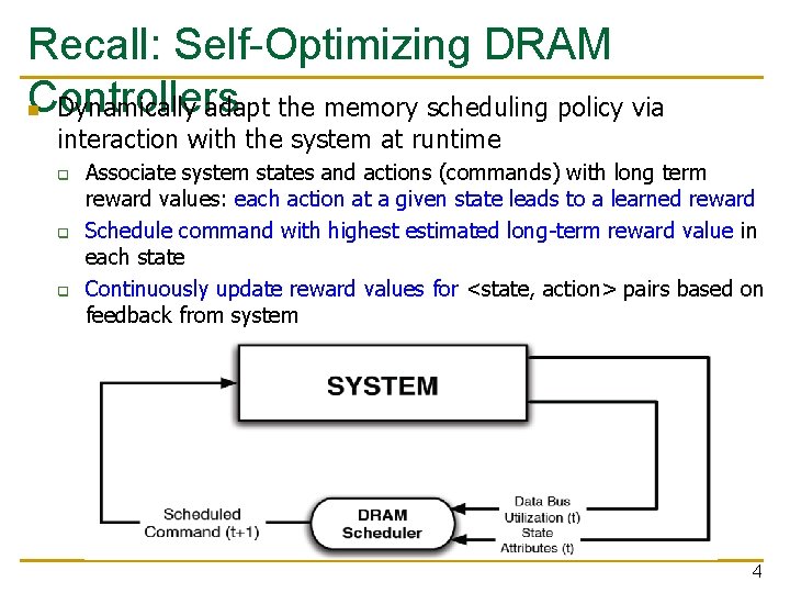Recall: Self-Optimizing DRAM Controllers n Dynamically adapt the memory scheduling policy via interaction with