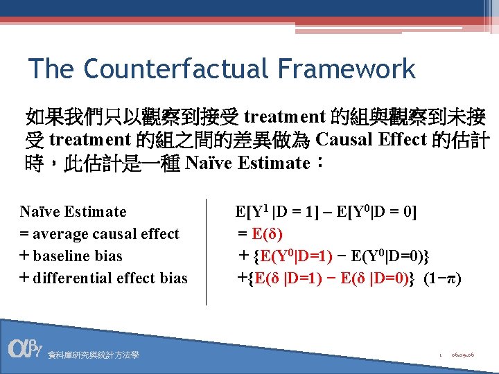 The Counterfactual Framework 如果我們只以觀察到接受 treatment 的組與觀察到未接 受 treatment 的組之間的差異做為 Causal Effect 的估計 時，此估計是一種 Naïve